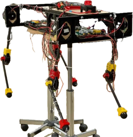 The EPFL Student AI Team’s guide-dog quadruped prototype on its test stand